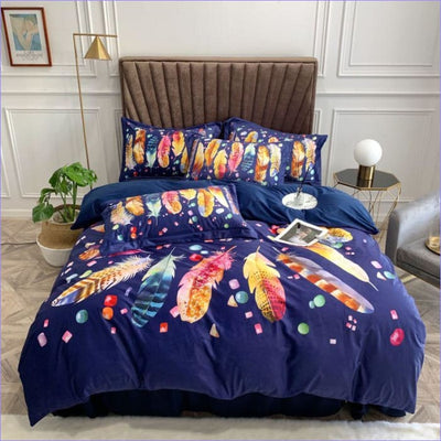 Blauw En Wit Kleurrijk Dekbedovertrek Met Veren