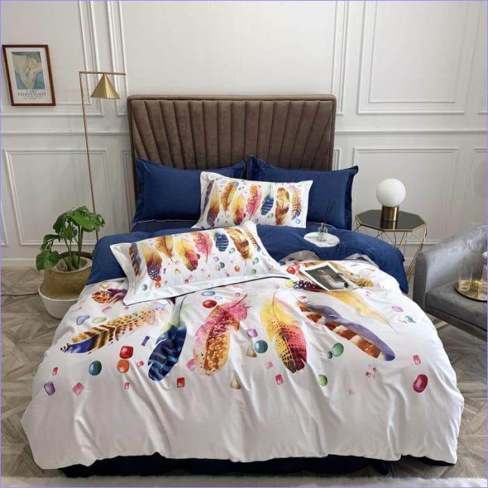 Blauw En Wit Kleurrijk Dekbedovertrek Met Veren